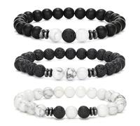 APMGONT 8 mm Perlenarmbänder Set, 3 pcs Perlenarmband Herren mit Schwarzen Lavastein, Naturstein Yoga Perlen Elastische Armbänder Verstellbares Herren Armbänder Set Geschenke für Männer (WeiB)