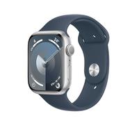 Apple Watch Series 9 (GPS, 45 mm) Smartwatch mit Aluminiumgehäuse in Silber und Sportarmband M/L in Sturmblau. Fitnesstracker, Blutsauerstoff und EKG Apps, Always-On Retina Display, Wasserschutz