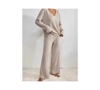 (Apricot, 20) 2PCs Ladies Lounge Wear Tracksuit Ribbed Knit Loose Pants Casual Set V Neck Tops