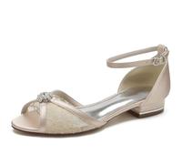 Apricot,41,Damen-Hochzeitssandalen mit klobigen niedrigen Absätzen, sexy Peep-Toe-Spitzen-Brautschuhe mit Strass, Satin-Ballerinas mit ausgeschnittener Knöchelschnalle