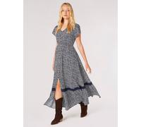 Druckkleid APRICOT "Gemustertes Maxikleid", Damen, Gr. L (40), N-Gr, blau (navy), gewebt, Obermaterial: 100% Viskose CV., gemustert, V-Ausschnitt, Fledermausärmel, Kleider Druckkleid, mit bestickter B