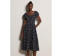 Midikleid APRICOT "Midi-Kleid mit Blumenstickerei", Damen, Gr. L (40), N-Gr, blau (navy), gewebt, Obermaterial: 100% Baumwolle CO., geblümt, normal, herzförmiger Ausschnitt, Puffärmel Elastisch, Kleid