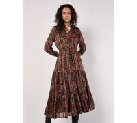 Apricot Midikleid mit V-Ausschnitt und Bindegürtel in Rostrot, Größe S