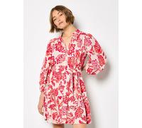Minikleid APRICOT "Malerisches Sarasa-Minikleid mit Blumenmuster", Damen, Gr. M (38), N-Gr, rosa (pink), gewebt, Obermaterial: 56% Leinen LI. 44% Viskose CV., V-Ausschnitt, Puffärmel Elastisch, Kleide