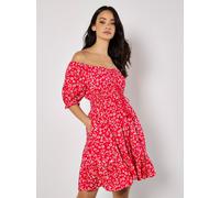 Druckkleid APRICOT "Sarasa-Minikleid", Damen, Gr. S (36), N-Gr, rot, gewebt, Obermaterial: 100% Viskose CV., geblümt, normal, Puffärmel Elastisch, Kleider Druckkleid, mit Blumenmuster und Bardot-Aussc