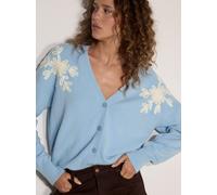Cardigan APRICOT "Cardigan mit Blumenapplikationen", Damen, Gr. L (40), blau (himmelblau), Strick, Obermaterial: 51% Viskose CV. 29% Polyester PES. 20% Polyamid PA., Modisch, figurumspielend, Ärmelbün