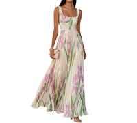 Apricot,XL,Damen Maxikleid mit Blumenmuster, elegant, formell, ärmellos, Träger, plissiert, fließend, lang