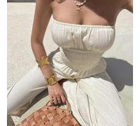 Aprikot plissierter strukturierter Stoff trägerloses Jumpsuit, tailliert gerade Beine, Damen Frühling/Sommer Urlaub, Strand, Pendeln, elegant, süß, mi