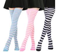 AQOKKA Extra lange Oberschenkelhohe Socken für Damen, gestreift, Overknee-Socken, lange Stiefel, Oberschenkelhohe Strümpfe, Beinstulpen, 3 Paar extra lang: weiß-blaue Streifen, weiß-rosa Streifen