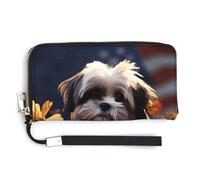 AQRJLPM Shih Tzu Geldbörse mit Hund und Blumen, Leder, Reißverschluss, großes Fassungsvermögen, Geldbörse mit Handgelenkband, weiß, 20 x 10,5 cm, Geldbörse, weiß, 20.0*10.5cm, Brieftasche