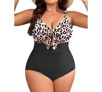 Aqua Eve Einteiliger Damen-Badeanzug, Übergröße, Bauchkontrolle, Schwarz und Leopard, 18 Plus