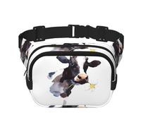 Aquarell-Hüfttasche mit Kuh und Blume, Unisex, verstellbar, quadratisch, doppellagig, für Outdoor-Aktivitäten, Reisen, Laufen, Wandern, Schwarz , Einheitsgröße
