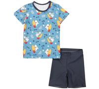 Aquarti Baby Jungen Bade-Set Zweiteiliger Kinder Badeanzug T-Shirt Badehose UV-Schutz, Farbe: Surfing Shark Grau Orange Rot Graphit, Größe: 80