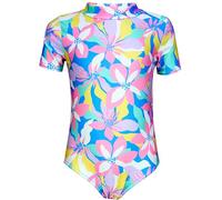 Aquarti Baby Mädchen Badeanzug Einteiliger Kurzarmbody UV-Schutz Schwimmanzug Body Swimmsuit, Farbe: Blumen/Rosa/Blau/Gelb, Größe: 80