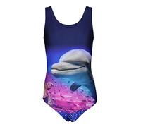 Aquarti Badeanzug Mädchen - Sportlicher Mädchen Badeanzug mit Ringerrücken Print, Farbe: Delphin/Dunkelblau/Rosa, Größe: 134