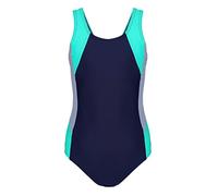 Aquarti Mädchen Badeanzug mit Ringerrücken - Sport Badeanzug Mädchen, Chlorresistent, Farbe: Dunkelblau/Grau/Grün, Größe: 158