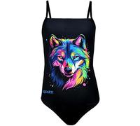 Aquarti Mädchen Badeanzug mit Spaghettiträgern Streifen - Sport Badeanzug Mädchen, Chlorresistent, Farbe: Wolf/Schwarz, Größe: 170