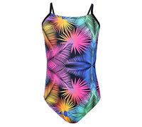 Aquarti Mädchen Badeanzug mit Spaghettiträgern Streifen - Sport Badeanzug Mädchen, Chlorresistent, Farbe: Bunte Blätter/Schwarz/Pink/Orange, Größe: 146