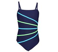 Aquarti Mädchen Badeanzug mit Spaghettiträgern Streifen - Sport Badeanzug Mädchen, Chlorresistent, Farbe: Dunkelblau/Streifen Neongrün Hellblau, Größe: 158
