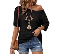 Arach&Cloz Pullover Damen Sommer Kurzarm Strickpullover Hollow Out Crochet Pulli Casual Leicht Tops Schwarz XL