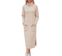 Arach&Cloz Strickkleid Damen Lang Wool Blend Winterkleid Rollkragen Pulloverkleid mit Tasche Lose Herbst Winter Kleid Apricot,M