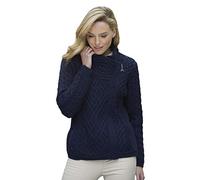 Aran Crafts Damen Merino Wolle Cardigan mit Seitenschlitz, Marineblau, Langarm, Rundhalsausschnitt, Kabelgestrickt, Klassischer Zopfstich, Medium, Herbst, Winter