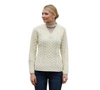 Aran Woollen Mills Irish 100% Merino Wolle Cable Knit Pullover Sweater Jumper mit V-Ausschnitt für Damen (M)