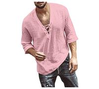 Arbeits T-Shirt Herren Shirt Mit Gummizug Am Saum Herren Langarmshirt Vintage 3/4 ÄRmel Einfarbige SchnüRung Leinen Hemd Gym Tank Top Herren (Rosa, 4XL)