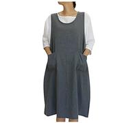 Arbeitskleid Damen Retro einfarbiges Baumwoll Leinen Kleid Ärmelloses Trägerkleid mit O-Ausschnitt Westenkleid mit Taschen Schürzenkleid mit seitlichem Schlitz Lockeres Skaterkleid Arbeitskleidung