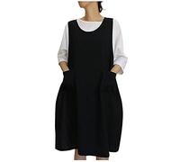 Arbeitskleid Damen Retro einfarbiges Baumwoll Leinen Kleid Ärmelloses Trägerkleid mit O-Ausschnitt Westenkleid mit Taschen Schürzenkleid mit seitlichem Schlitz Lockeres Skaterkleid Arbeitskleidung