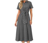 Arbeitskleider Damen Gestreiftes Button-Down Kleid LäSsiges Umlegekragen Midikleider Bequeme Sommerkleider Einfarbig FließEndes Swingkleid Hoher Taille A-Linien Kleider Leicht Freizeitkleider