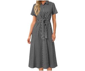 Arbeitskleider Damen Gestreiftes Button-Down Kleid LäSsiges Umlegekragen Midikleider Bequeme Sommerkleider Einfarbig FließEndes Swingkleid Hoher Taille A-Linien Kleider Leicht Freizeitkleider