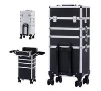Arebos 4-in-1 Kosmetikkoffer | 4 Fächer & 1 Schublade | Teleskop- und Tragegriff | 8 Schlösser | 4X 360°-Rollen | Samtfutter | Trolley | Make-Up Koffer | Schwarz