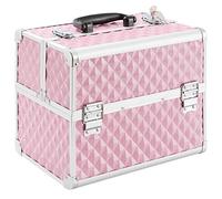 Arebos Kosmetikkoffer | 15L | 5 Fächer | Aluminium | Diamant-Muster | inkl. Schloss & Schlüssel | 2 ausklappbare Etagen | Samteinlage | 32 x 27 x 22 cm | Pink