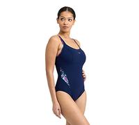 arena Damen Women's Bodylift Francy Strap Back Panel One Piece Swimsuit, Navy-Freak Rose Multi, 36 EU