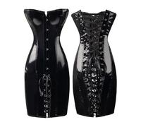 ARESU Damen-Kleid aus rotem und schwarzem Latex im Wet-Look, Gothic-Kleid aus Kunstleder mit Schnürung, sexy Korsettkleid, Clubwear-Schwarz-M