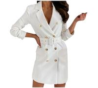 ARESU Elegante Blazer-Kleider für Damen, Frühling und Herbst, V-Ausschnitt, Lange Ärmel, Büro-Tunika, Partykleid, zweireihig, OL-Gürtel, schmales Kleid, Weiß, S