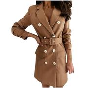 ARESU Elegante Blazer-Kleider für Damen, Frühling und Herbst, V-Ausschnitt, Lange Ärmel, Büro-Tunika, Partykleid, zweireihig, OL-Gürtel, schmales Kleid, Khaki, XXL