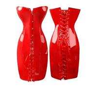 ARESU Frauen Rot und Schwarz Latex Wet Look Kleid Gothic Kunstleder Schnürung Sexy Korsett Kleid Clubwear-Rot-XXL