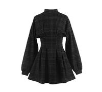 ARESU Gothic Kleid Gothic Harajuku Vintage Kariertes Wickelkleid Schwarz Minikleid Retro Plissee Punk Langarm Dunkel Emo Ästhetisch Kpop-Graues Gitter-XL