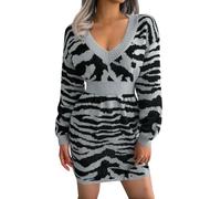 ARESU Mode Leopardenmuster Gestrickte Pullover Kleider Für Frauen 2023 Herbst Winter Laterne Langarm Kleid Dame Casual Pullover Kleid-Grau-L