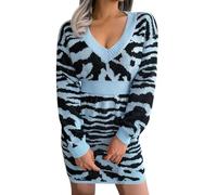 ARESU Mode Leopardenmuster Gestrickte Pullover Kleider Für Frauen 2023 Herbst Winter Laterne Langarm Kleid Dame Casual Pullover Kleid-Blau-M