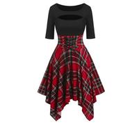 ARESU Schwarzes Kariertes Gothic-Kleid für Damen, Retro-Stil, Adrette, sexy, hohe Taille, asymmetrisch, lässig, Gothic-Punk-Kleidung, kurzes Partykleid, Weste-ROT-M