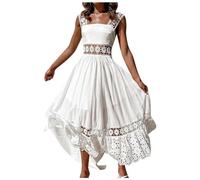 ARESU Spitzenhäkelarbeit, aushöhlen, weiße Kleider, Damen, ärmellos, rückenfrei, Urlaub, lässig, Boho-Kleid, Damen, lockerer Strand, Maxi-Baumwollkleid, Weiß, XL