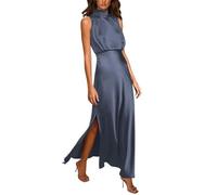 ARESU Vintage-Kleid mit Stehkragen, ärmellos, Satin, Damen, elegant, hoch geschlitzt, formelles Party-langes Kleid, weiblich, schlanke Taille, Abendkleid, Marineblau, M