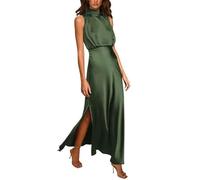 ARESU Vintage-Kleid mit Stehkragen, ärmellos, Satin, Damen, elegant, hoch geschlitzt, formelles Party-langes Kleid, weiblich, schlanke Taille, Abendkleid, Armeegrün, S