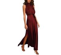 ARESU Vintage-Kleid mit Stehkragen, ärmellos, Satin, Damen, elegant, hoch geschlitzt, formelles Party-langes Kleid, weiblich, schlanke Taille, Abendkleid, Burgunderrot, S