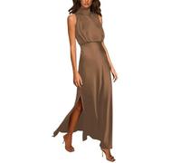 ARESU Vintage-Kleid mit Stehkragen, ärmellos, Satin, Damen, elegant, hoch gespalten, formelles Party-langes Kleid, weiblich, schlanke Taille, Abendkleid, Khaki, S
