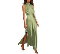 ARESU Vintage-Kleid mit Stehkragen, ärmellos, Satin, für Damen, elegant, mit hohem Schlitz, formelle Party, langes Kleid, weiblich, schlanke Taille, Abendkleid, Grün, M
