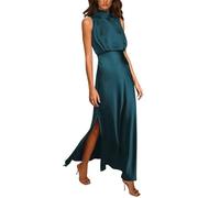 ARESU Vintage Stehkragen, ärmellos, Satin-Kleider für Damen, elegant, hoch gespalten, formelles Party-langes Kleid, weiblich, schlanke Taille, Abendkleid, Blau, S